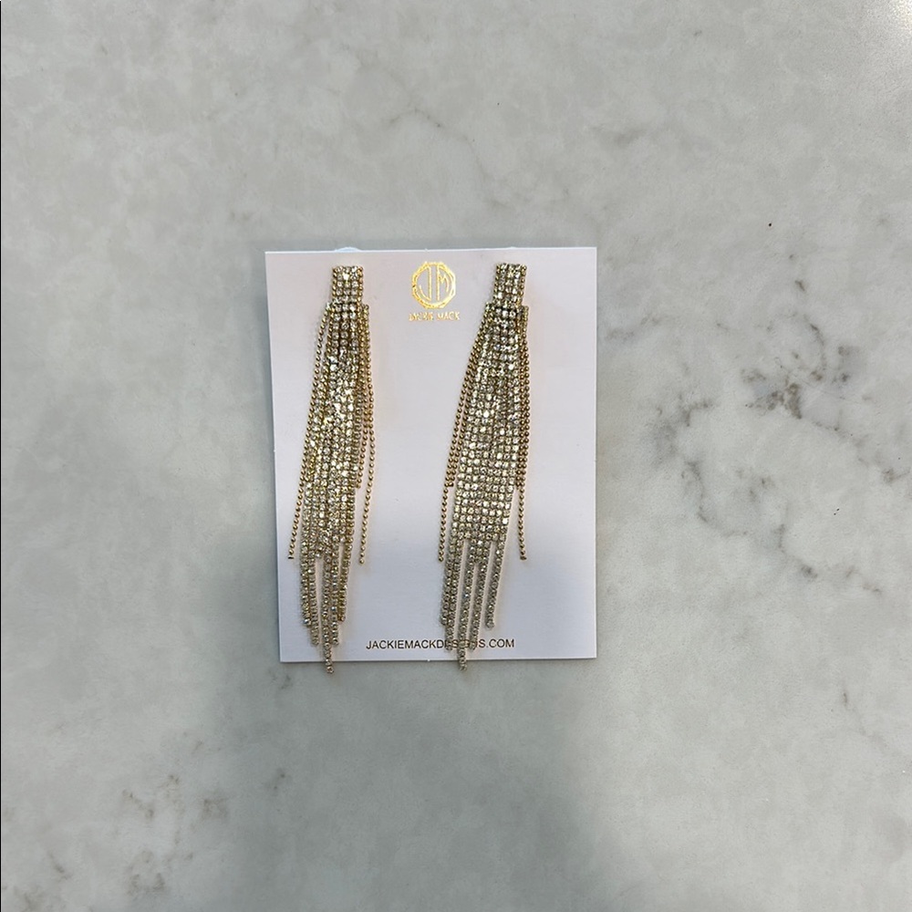 Jackie Mack Elegant Long Gold Tassel Crystal Earrings